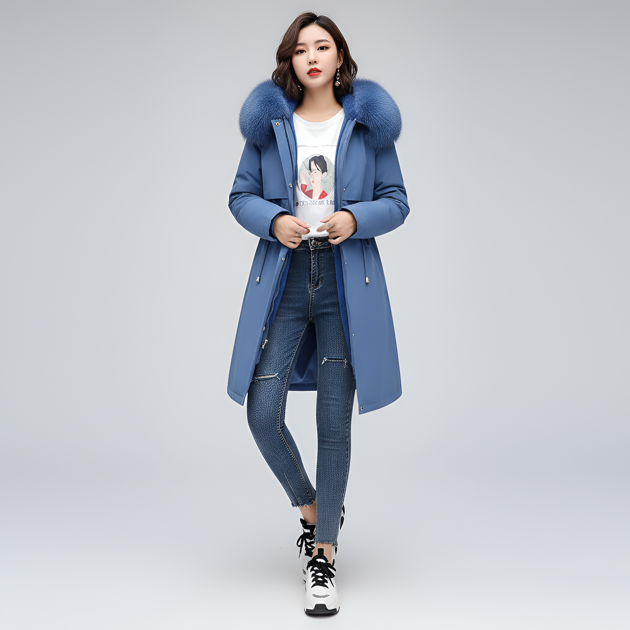 Valerios Fashion dlouhá dámská parka s výplní, kapucí a límcem z umělé kožešiny 4