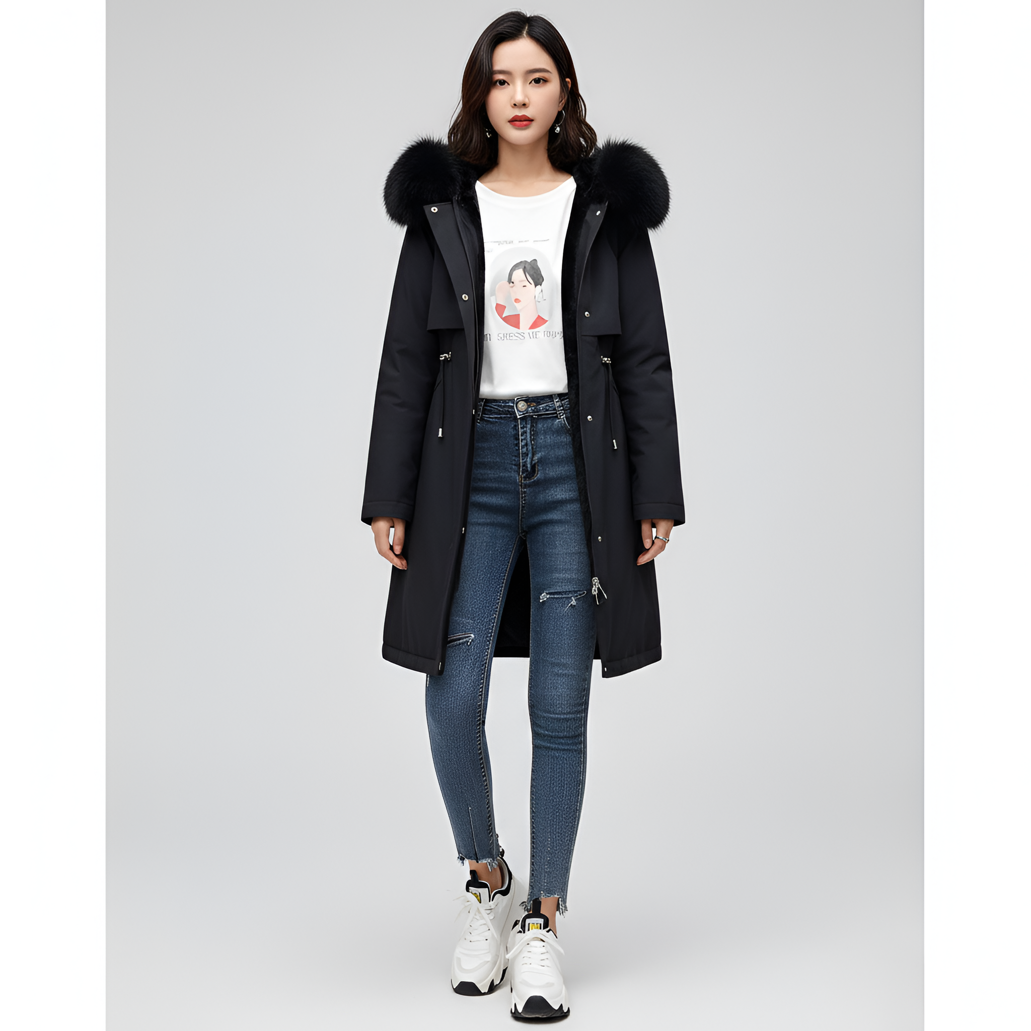 Valerios Fashion dlouhá dámská parka s výplní, kapucí a límcem z umělé kožešiny 6