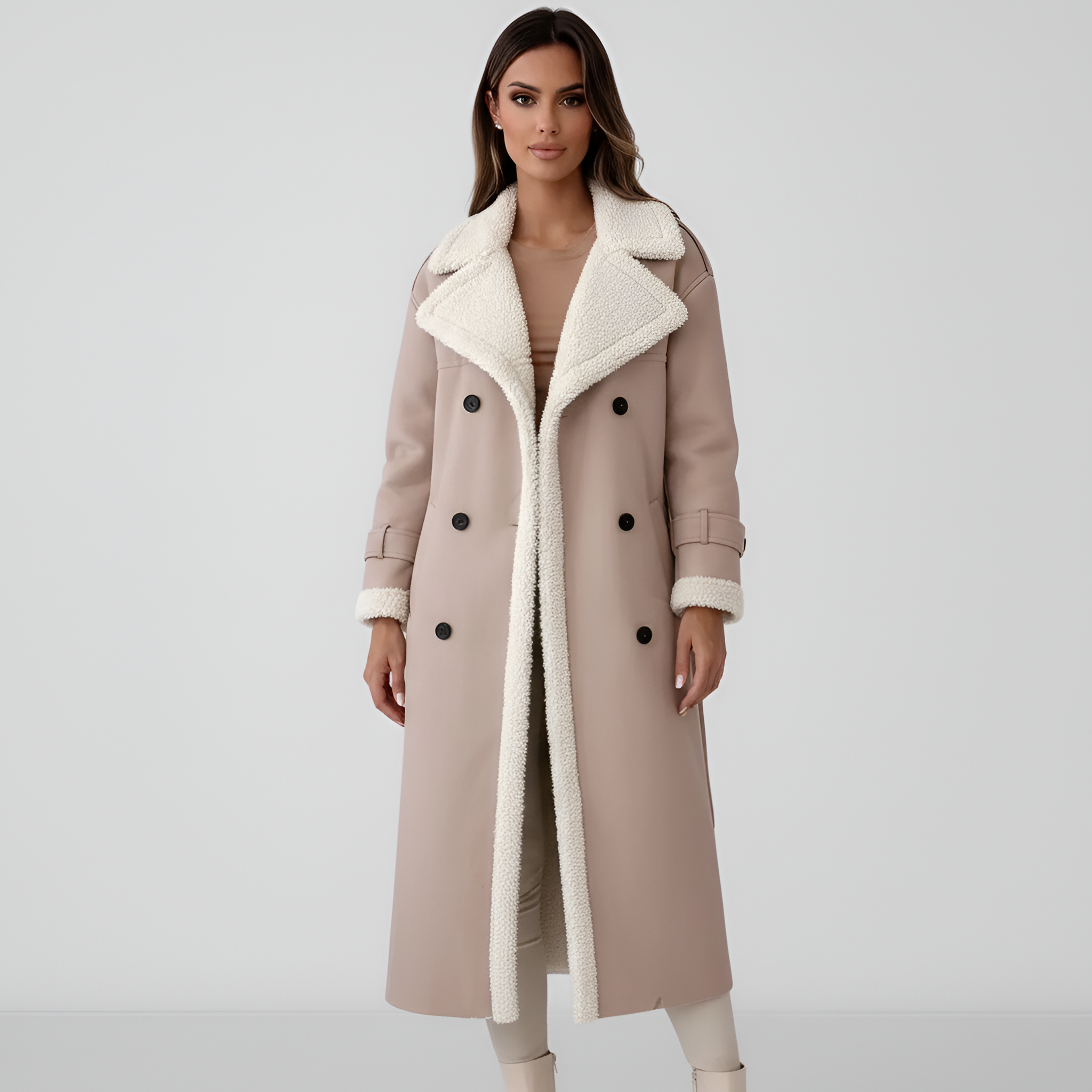 Valerios Fashion dlouhý kabát z umělé kůže s podšívkou z beránčí kožešiny pro ženy 4